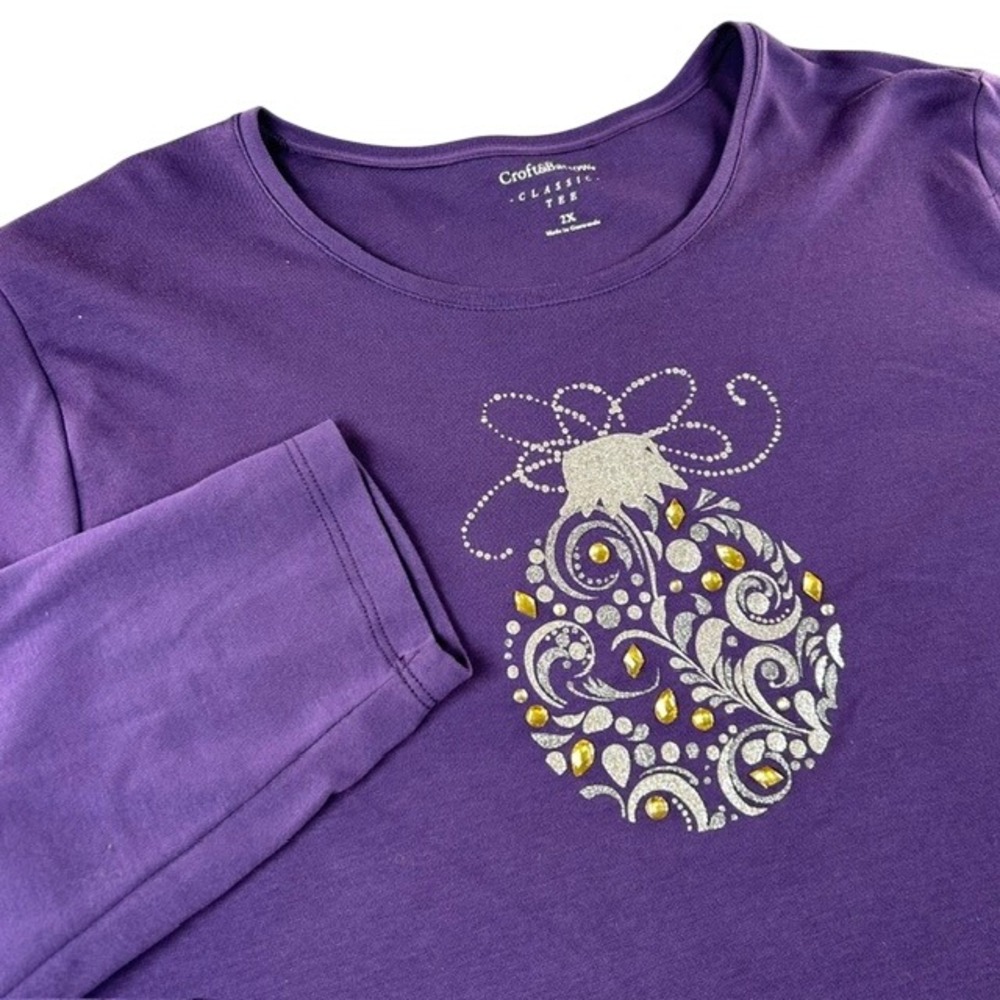 Croft & Barrow Women's Long Sleeve Purple Christmas Sparkly Ornament Shirt 2X